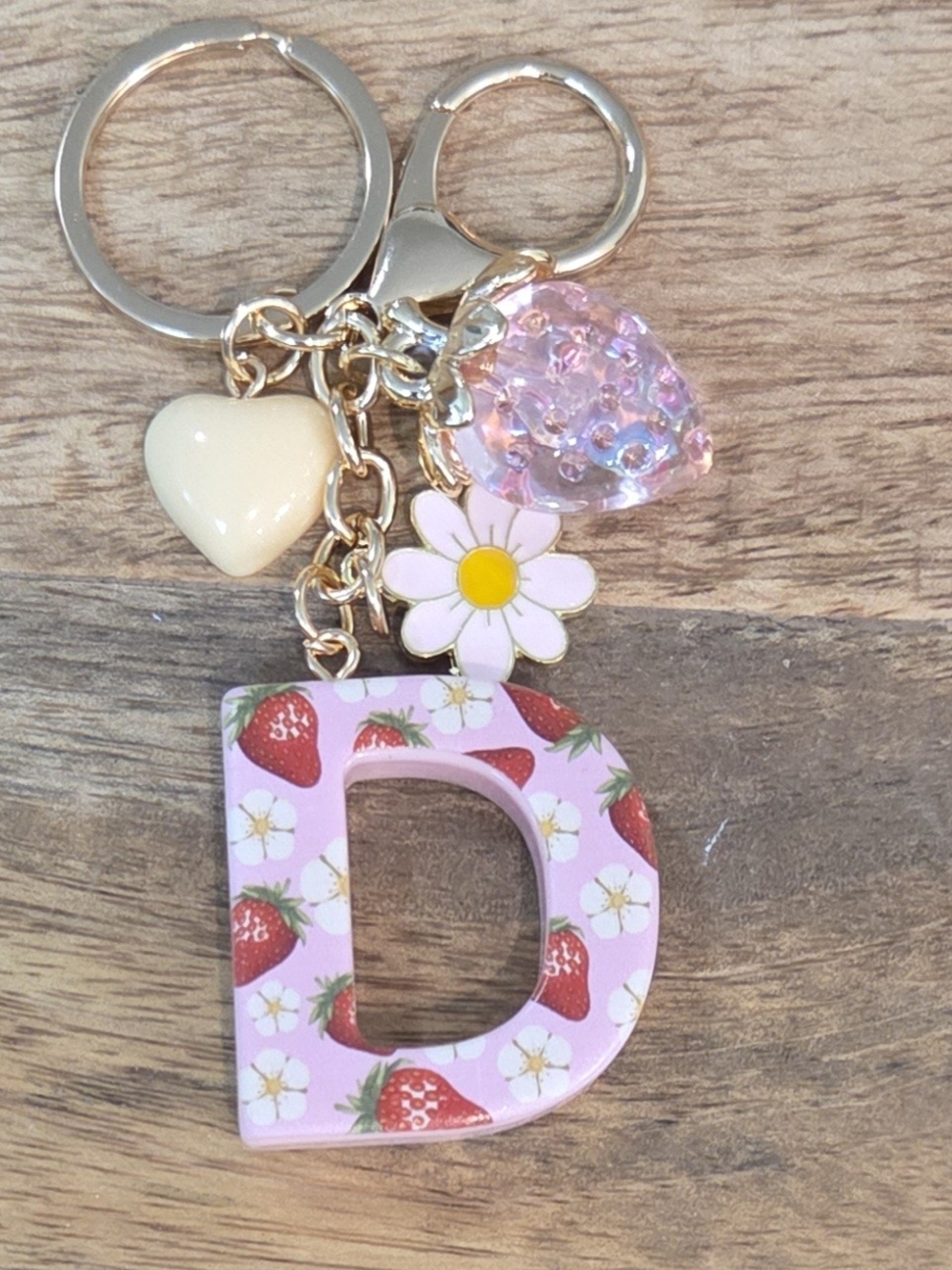 🍓 Pink Strawberry D Initial Keychain with Beautiful Charms!